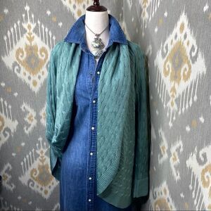 Ralph Lauren Aqua Green Tussah Silk Cable-Knit Circle Cardigan